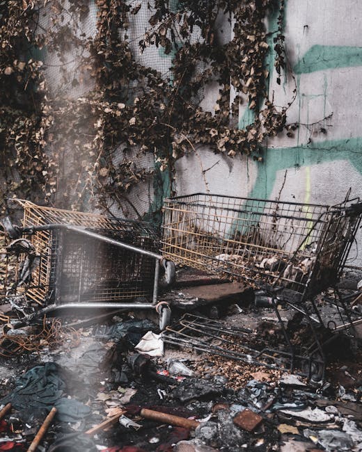 A scene of litter and debris situated outdoors against a weathered wall with peeling paint and vines growing over it. The ground is covered with charred and scorched materials, ash, and various waste objects. Two metal shopping carts are prominently visible in the foreground; one is upright and contains some debris, while the other is toppled over, with its rusted metal frame and wire mesh showing signs of age and corrosion. Surrounding items include scattered pieces of wood, broken bricks, plastic waste, and burnt items, indicating an area used for illegal dumping or discarded rubbish. The environment appears neglected and unmanaged, with the debris extending across the ground and partially obscuring the lower part of the wall behind. The overall scene reflects an informal, uncontrolled waste disposal spot, aligning with services like independent rubbish clearance that handle bulk waste removal for private properties or sites needing on-site clearance, such as those managed by wasteclearanceelephantandcastle.co.uk.